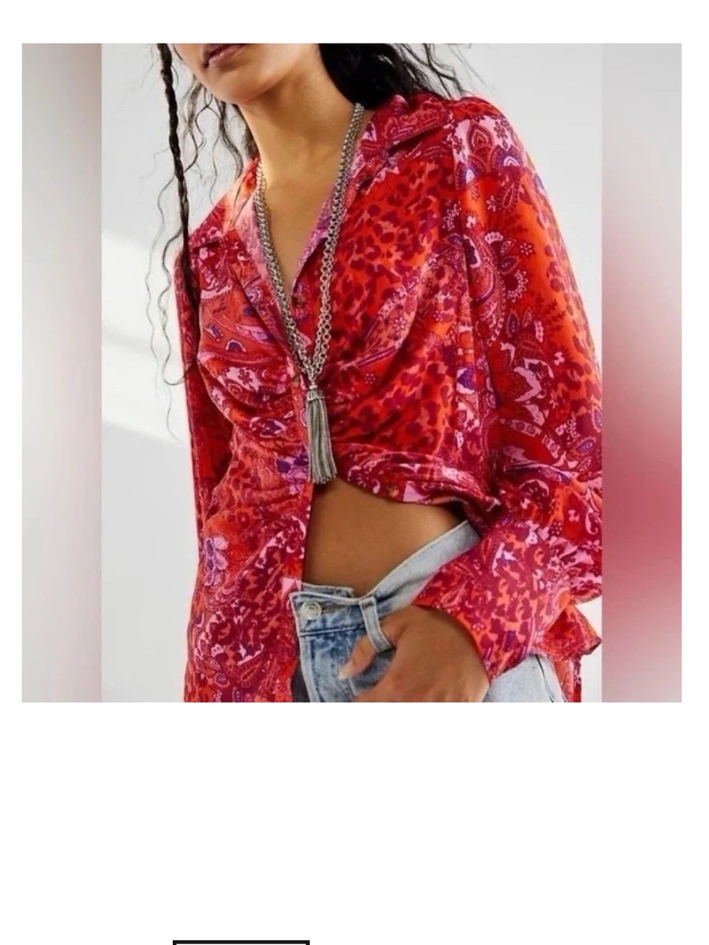 Free People Ruched Bianca Blouse w Cuff Button up Leopard Paisley